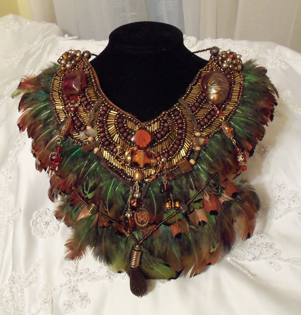 Beaded Feather Necklace, Statement Tribal Neck Piece, Earthtone Feathers w Vintage Jewelry.