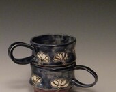 Tea Cups, Small Mugs, Blue and Red Flower Stackable Cups, Wheelthrown Ceramic Pottery