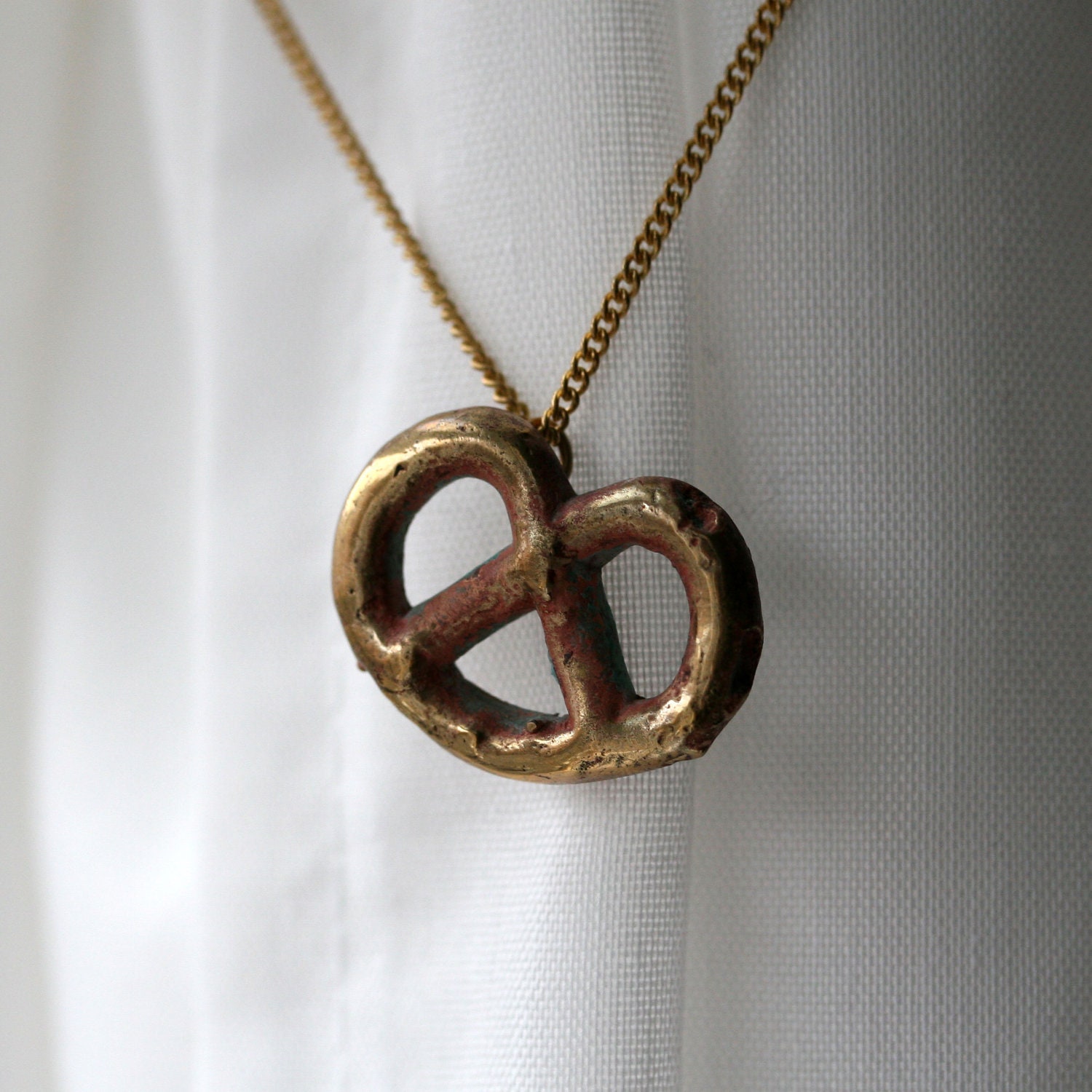 brass pretzel necklace food jewelry brass pendant on brass chain