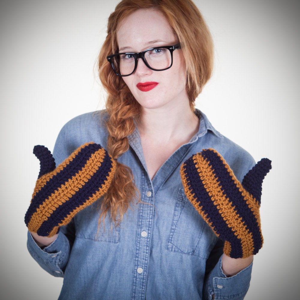 Brown and Navy Striped Crocheted Mittens