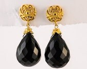 Black Onyx Earrings - 22K Gold Vermeil - Filigree Earrings  - Post Earrings - Mother's Day Gift