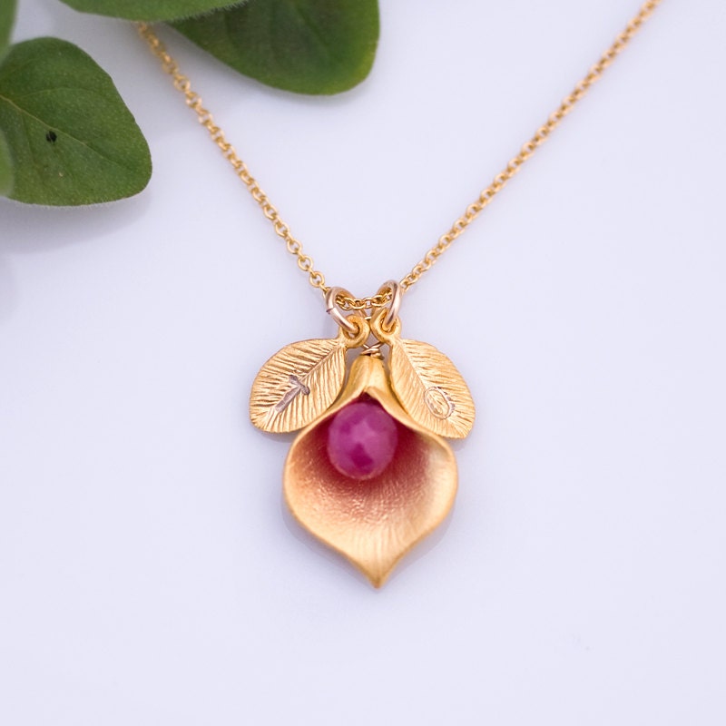July Red Ruby Personalized Birthstone Necklace - Custom Initial Jewelry  - Personalized necklace - Calla Lilly Necklace