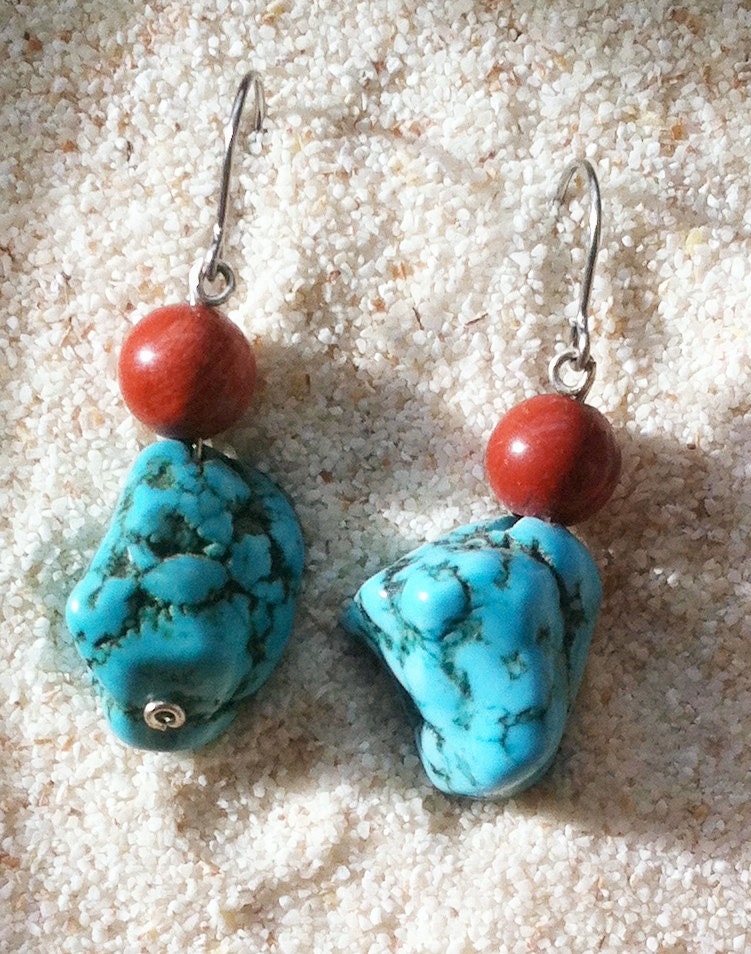 Turquoise & Coral Drop Earrings