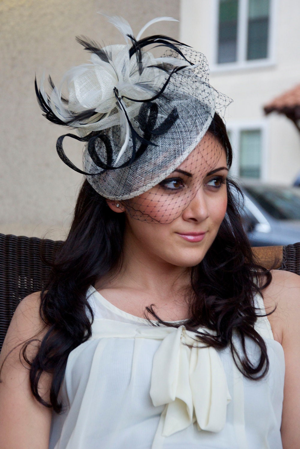 Ivory Fascinator - Ivory & Black Fascinator Hat Headband w/Ribbon waves a black birdcage veil