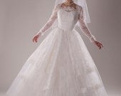 Vintage 1960s Wedding Dress Tulle Lace Peplum Sleeves Bridal Fashions
