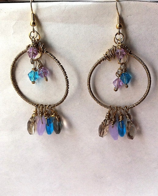 wire wrapped hoop earrings with smokey,lavendar and sky blue quartz briolettes