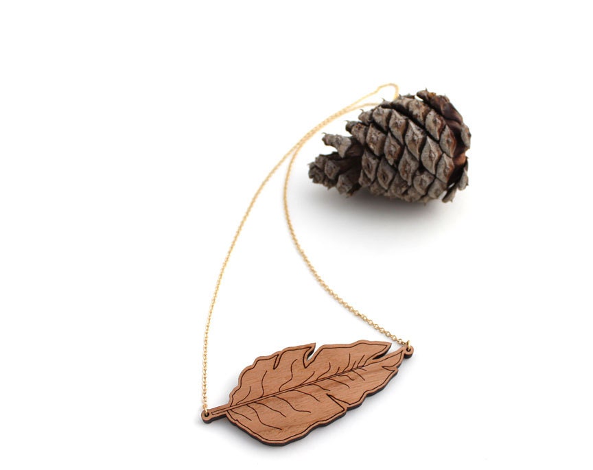 Wooden Leaf Necklace - Laser Cut Wooden Modern Rustic Fashion Jewelry