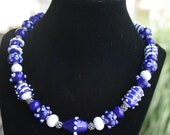 Handmade Cobalt Blue and White Lampworking Sterling Silver Accent Beads Necklace