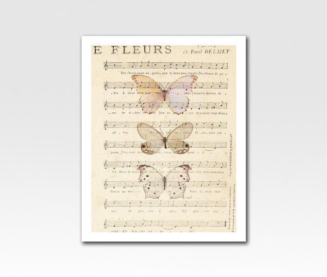 Art Print Butterflies on Vintage Ephemera Music Notes Home Décor Original Design by Adidit Print no. 111