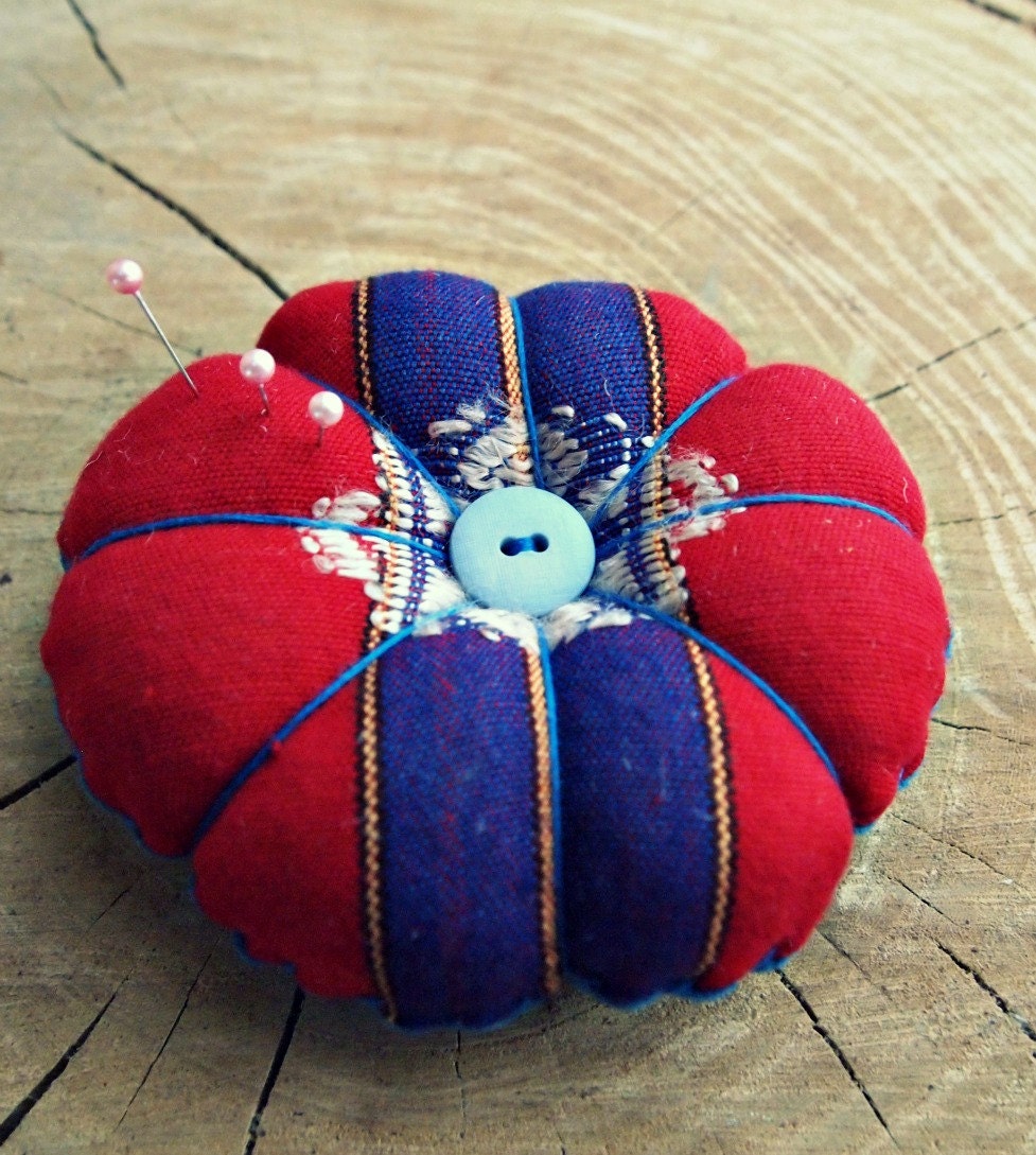 blue velvet pincushion tribal print upcycled sewing supplies hostess gifts