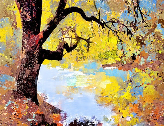 Yellow Oak Tree and Flowing River - Charming Gift - Original Painted Photograph - North Carolina, 11x14 Giclee print Matted to 16x20 - dorataya