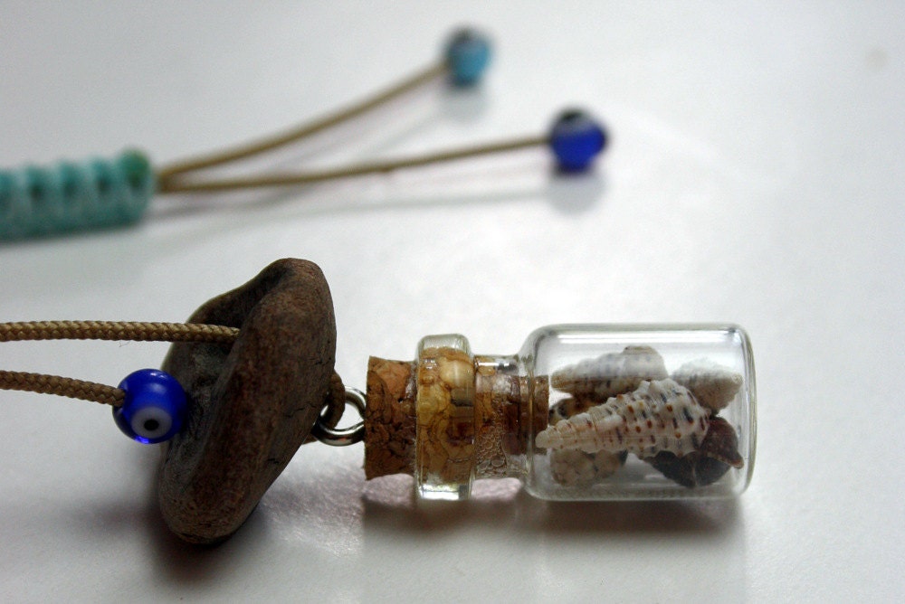 necklace " shells in a bottle " with driftwood and evil eye...very tiny bottle 0,7 inch... from the famous Cleopatra beach in Alanya...