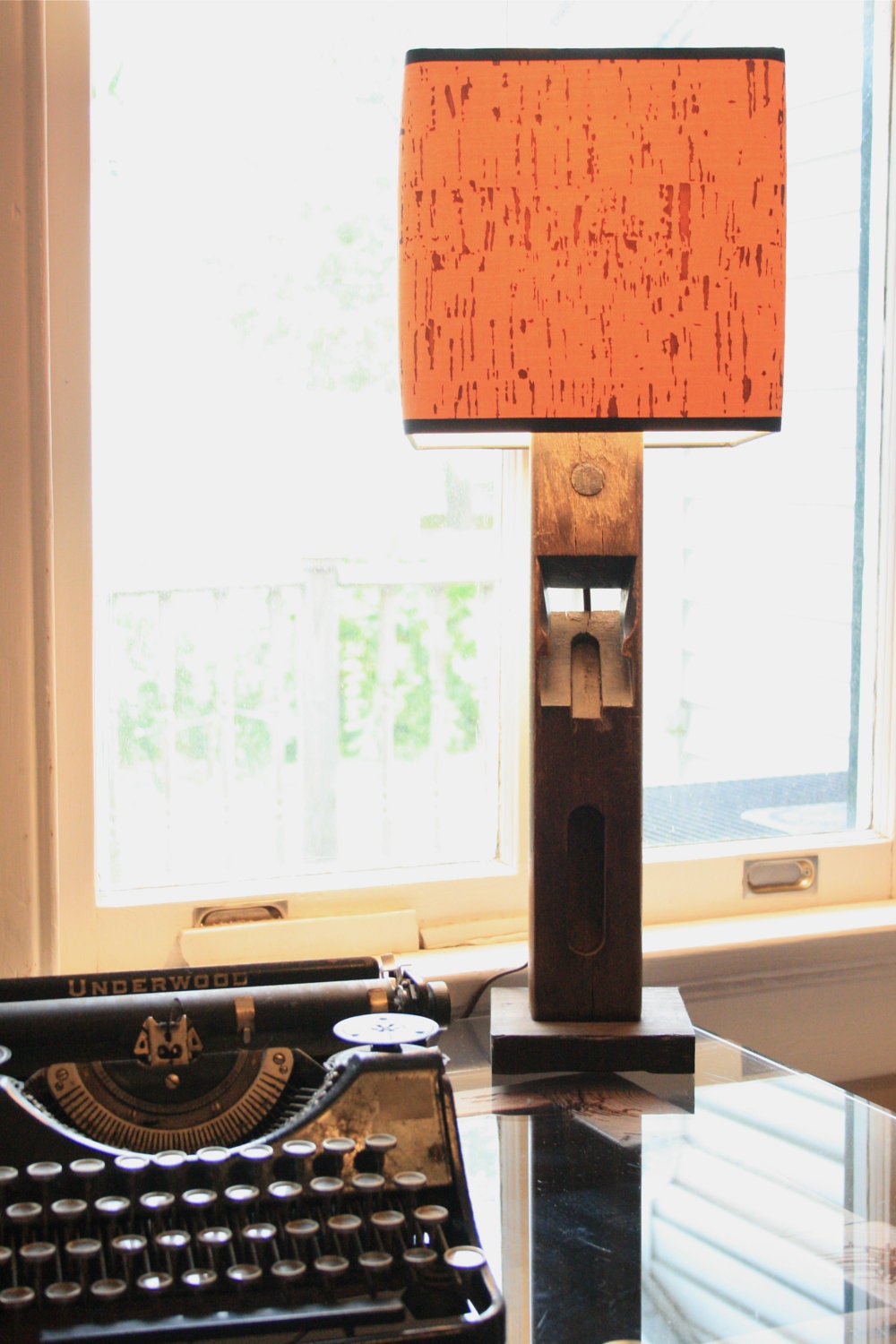 Antique Wood Planner Lamps Paired with Contemporary Square Shade