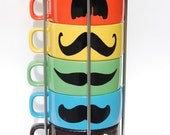 Multi Color Mustache Coffee Mugs - set of 6 stackable mugs and chrome holder - featured in PEOPLE magazine