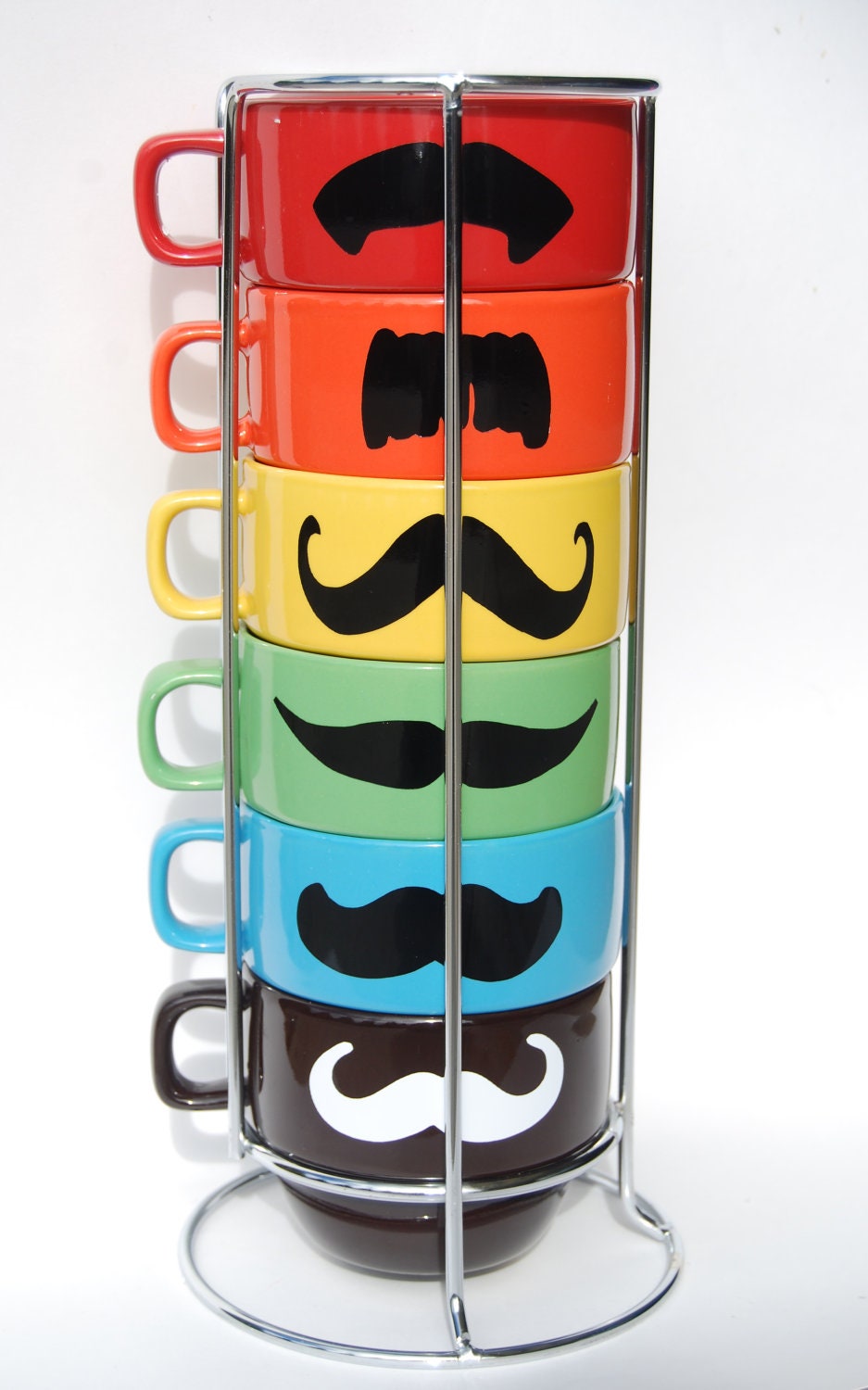 Multi Color Mustache Coffee Mugs - set of 6 stackable mugs and chrome holder - featured in PEOPLE magazine