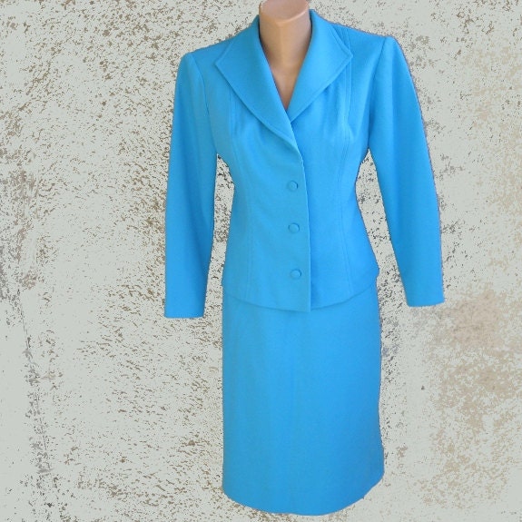 Vintage Suit Two piece Pencil Skirt Jacket Women Light Blue Synthetic Classic Romantic Waisted Twin set Handmade Size M 10US 12UK
