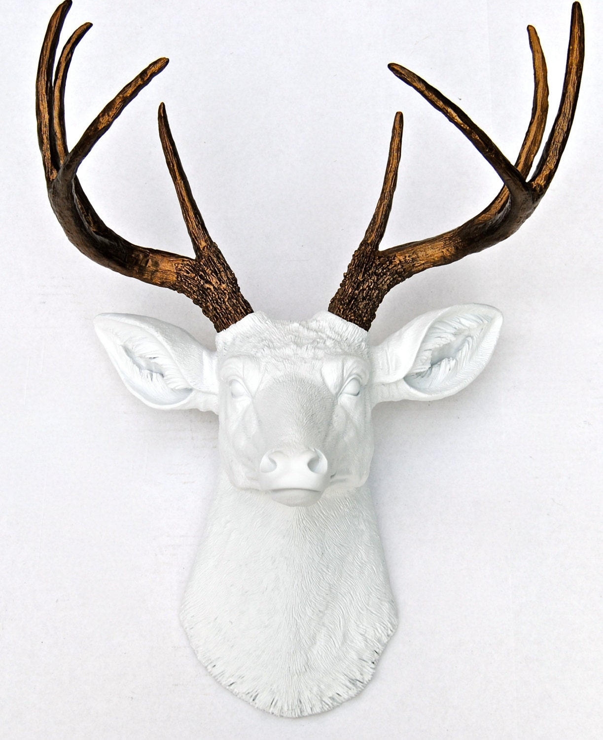 White and Bronze Faux Deer Head - Deer Head Antlers Fake Taxidermy Wall Decor D0109