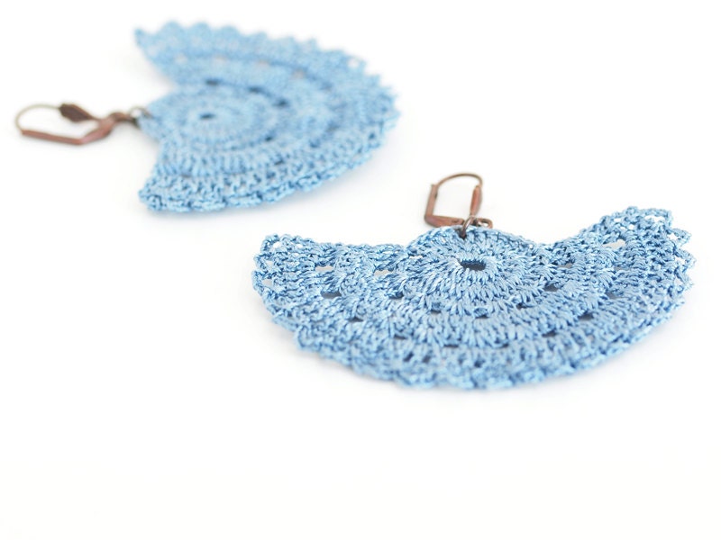 Crochet Bohemian Chic Dangle Earrings in Jean Blue Varnished Hippie Boho Gypsy Style Jewelry Strip Semicircle Geometric
