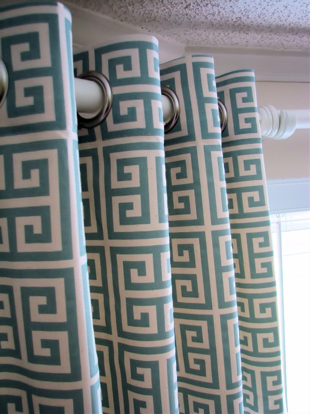 Pair of Decorative Designer Custom Grommet Curtains Drapes 50 x 108 Spa Blue and Natural Greek Key Contemporary Modern Style