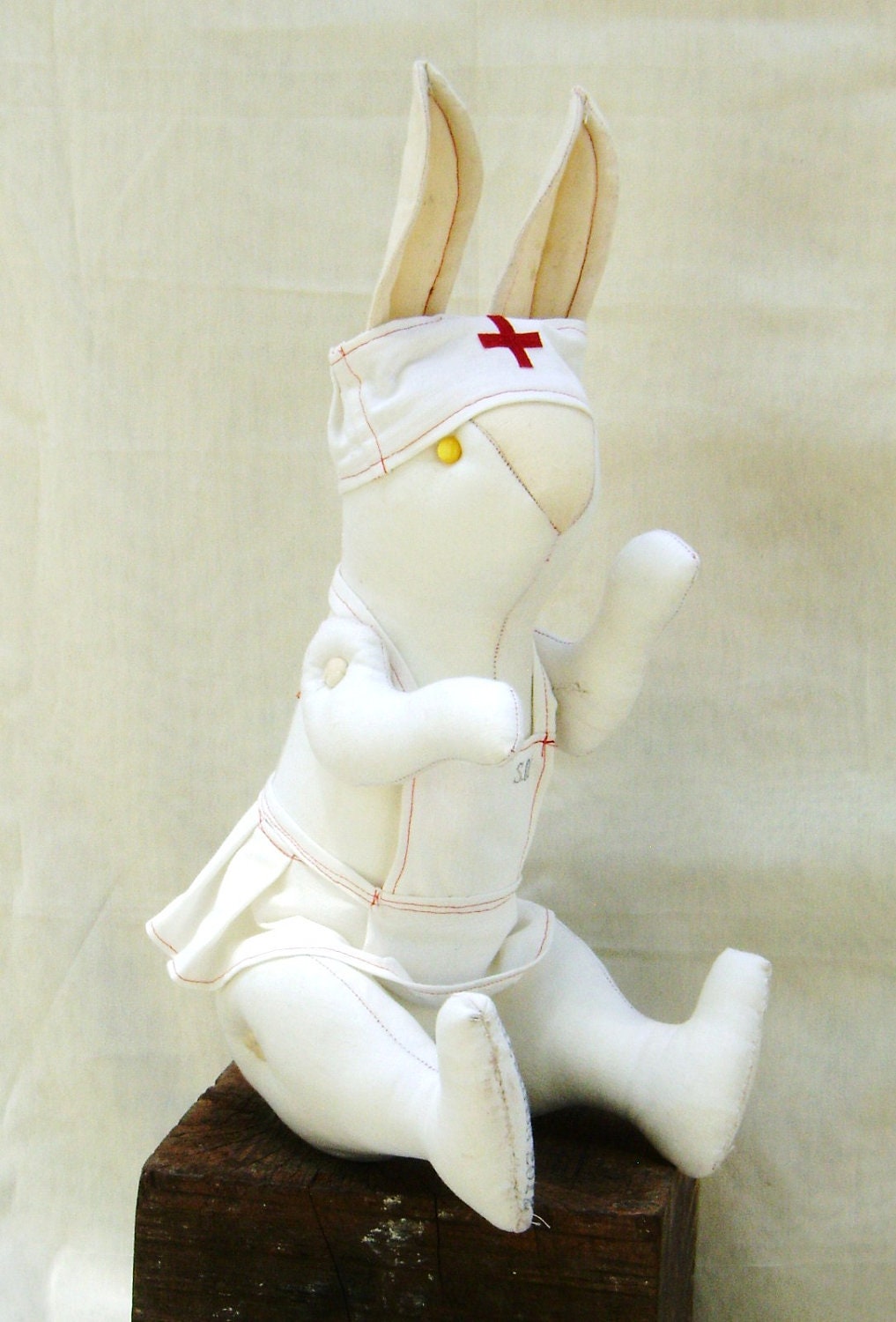White Rabbit Nurse, sculpture, art doll, original piece, handmade, recycled textiles, 60 cm. movable arms legs and clothing that can be remo