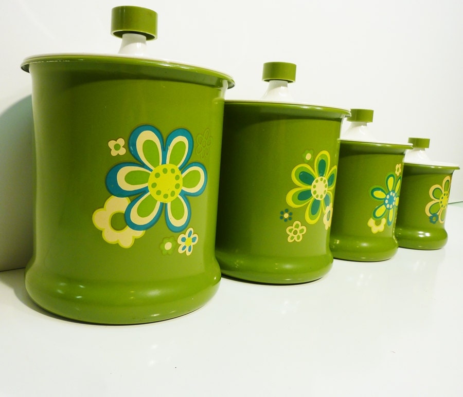 set 4 -  60s Kromex green metal canisters coffee tea sugar flour daisy florals