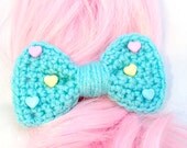 Blue with Candy Hearts Crochet Bow Clip
