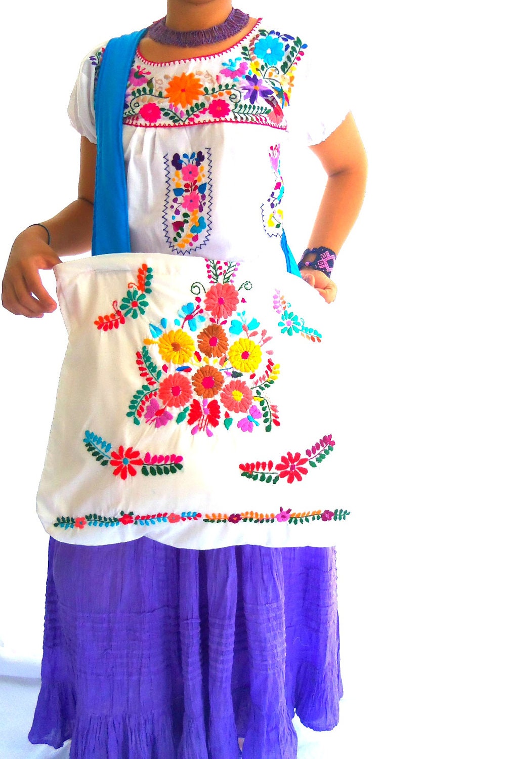 Azucena Floral  Handmade mexican embroidered boho summer beach tote bag