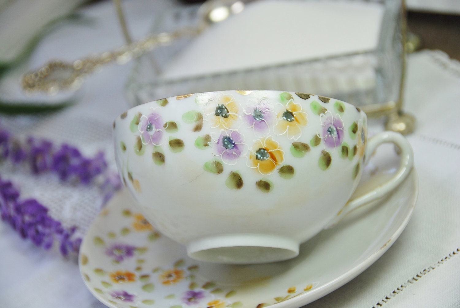 Sweet Vintage Tea Cup and Saucer, Hand Painted,  Purple Yellow Flowers, Japan