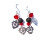 Lace Heart Earrings -  Red Hot Love - Lava Rock, and Red Crystal Rondelle Beads - Romantic Earrings