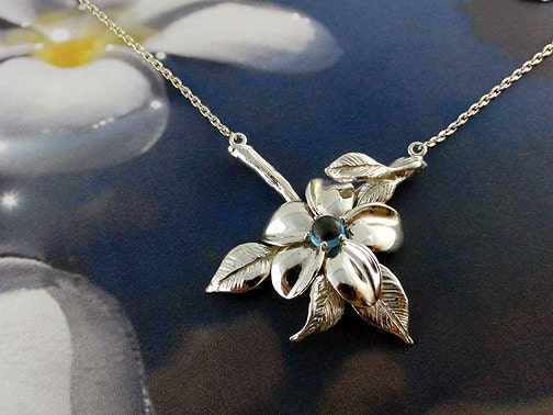 Plumeria Flower Necklace with a Swiss Blue Topaz