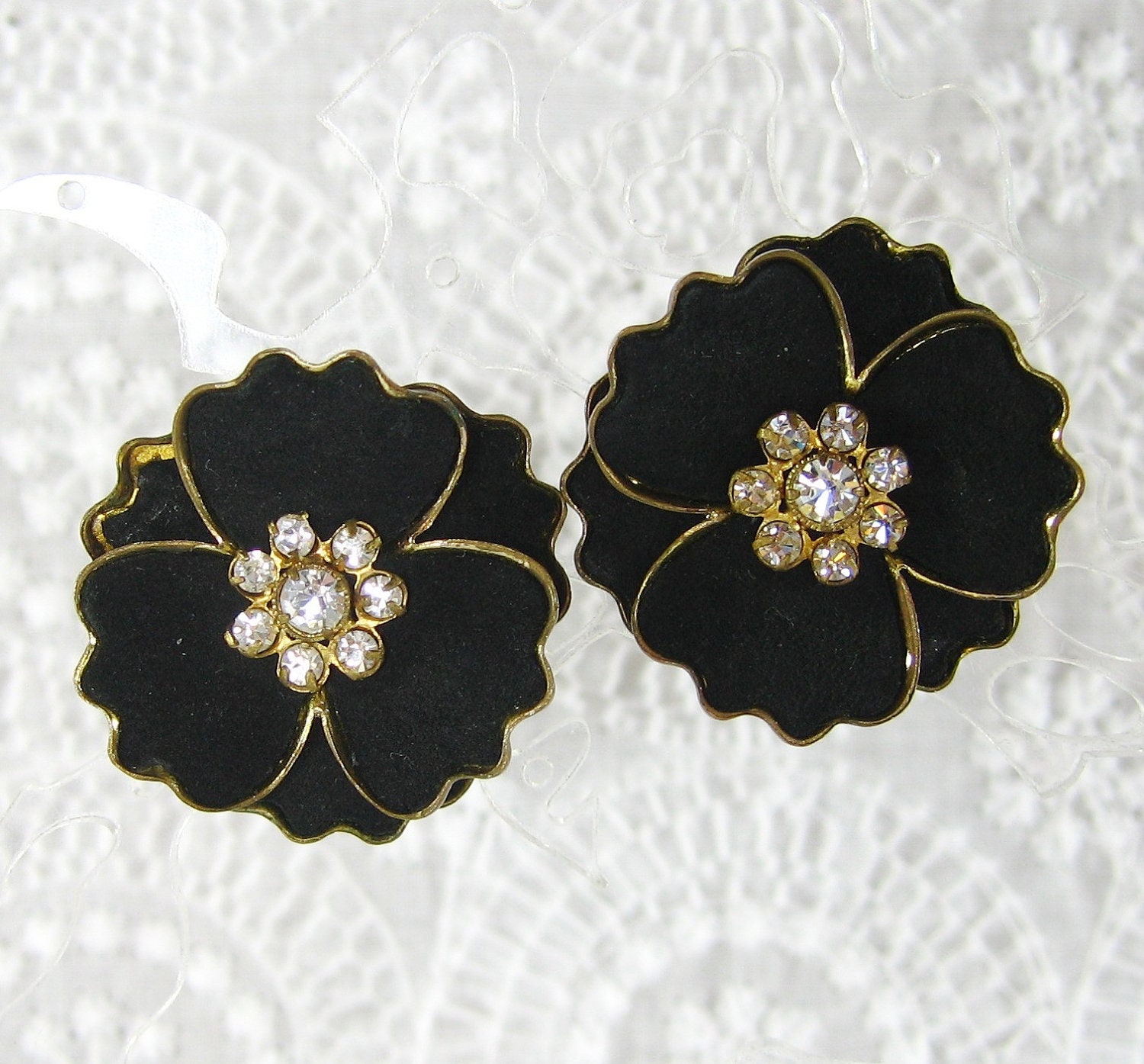 Antique / Vintage Flower Earrings, Black Velvet Fabric, Rhinestones / Crystals, Screw-backs, 1930s Art Deco Nouveau, Wedding Bridal Jewelry