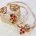 Vintage Jewelry Set, Choker Necklace, Wide Hinged Cuff Bracelet, Red Rhinestone Flower Bouquet, Gold, 1930s Art Deco Holiday Jewelry