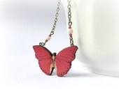 Red Butterfly necklace Wood pendant Strawberry Red white ivory black wings Gift for her Woodland jewelry Nature lover