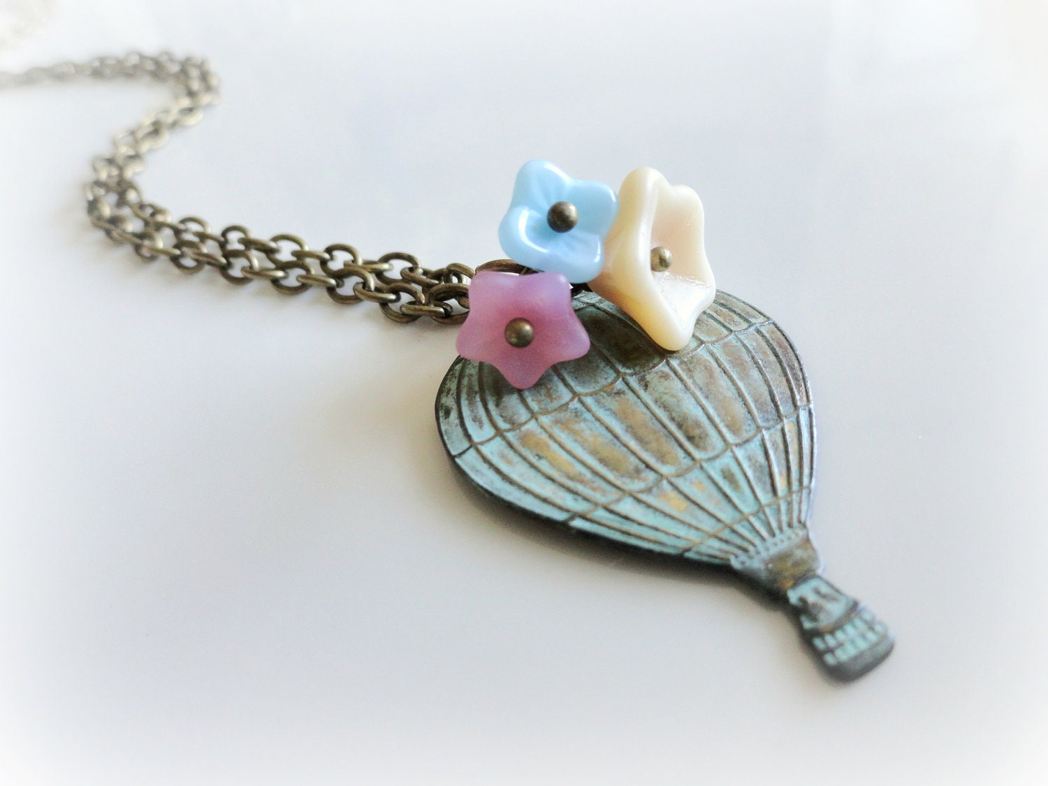 Fly away - Hot air balloon Romantic necklace Teal blue verdigris patina Pink white blue Czech flowers bouquet Antiqued chain Gift for her