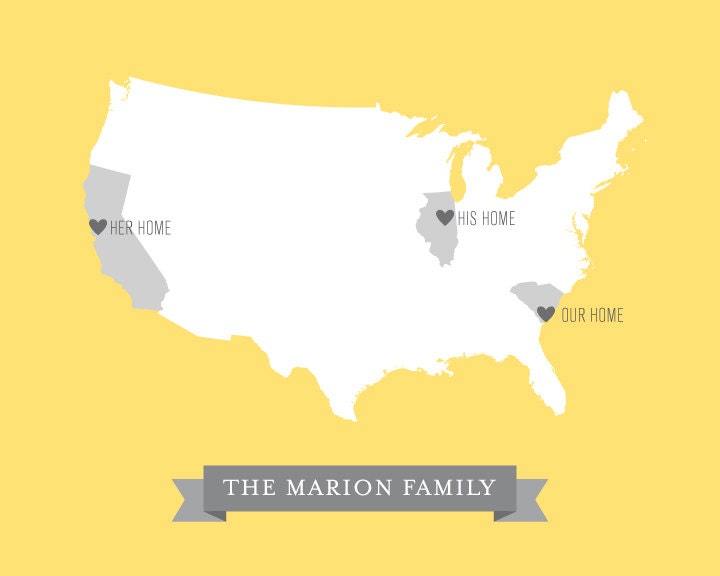 Custom Family US Map Art Print / Personalized Wedding Gift / United States USA Map Chart / 8x10 Giclee Wall Art Digital Print