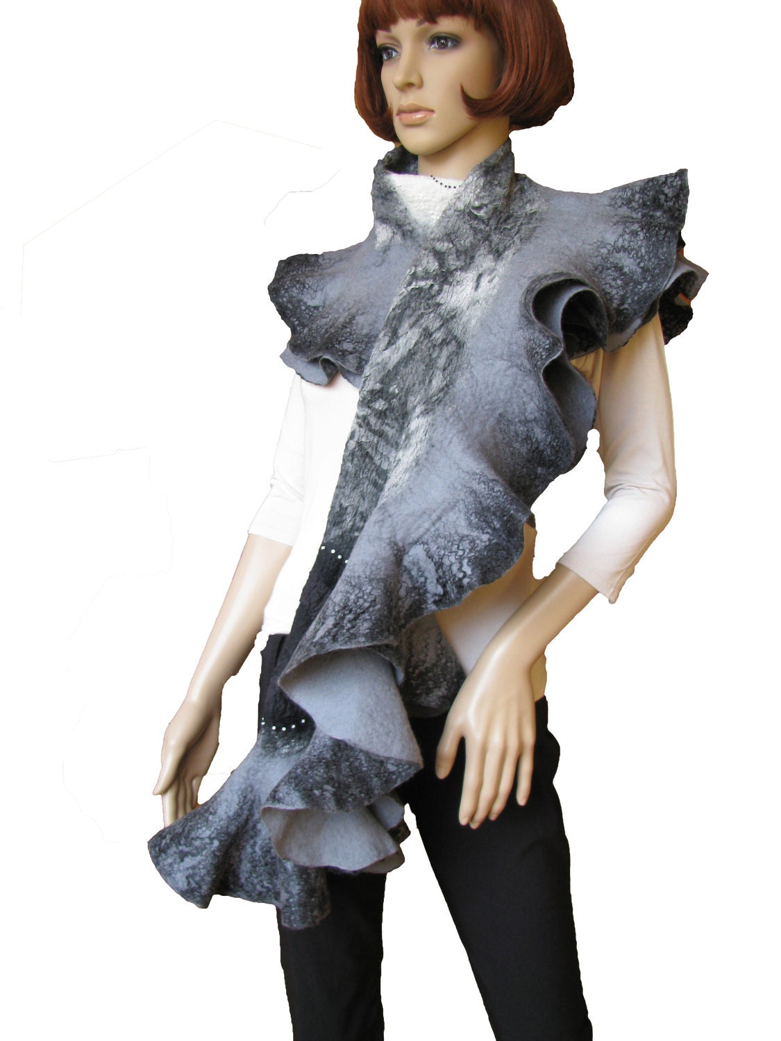 FREE SHIPPING Handmade Nuno felted ruffle scarf shawl wrap Marble Black , white and gray Hand Felted Ready to ship OOAK