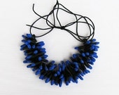 Necklace electric blue black, elegant casual exotic - cluster polymer clay beads