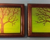 Awesome Matching Pair of 5x5 Framed Acrylic Paintings Tree Silhouettes