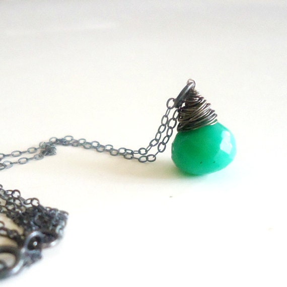 Green Chrysoprase Necklace Pendant Sterling Silver Oxidized Chain Wire Wrapped Teardrop Minimalist Dainty Everyday Simple Jewelry