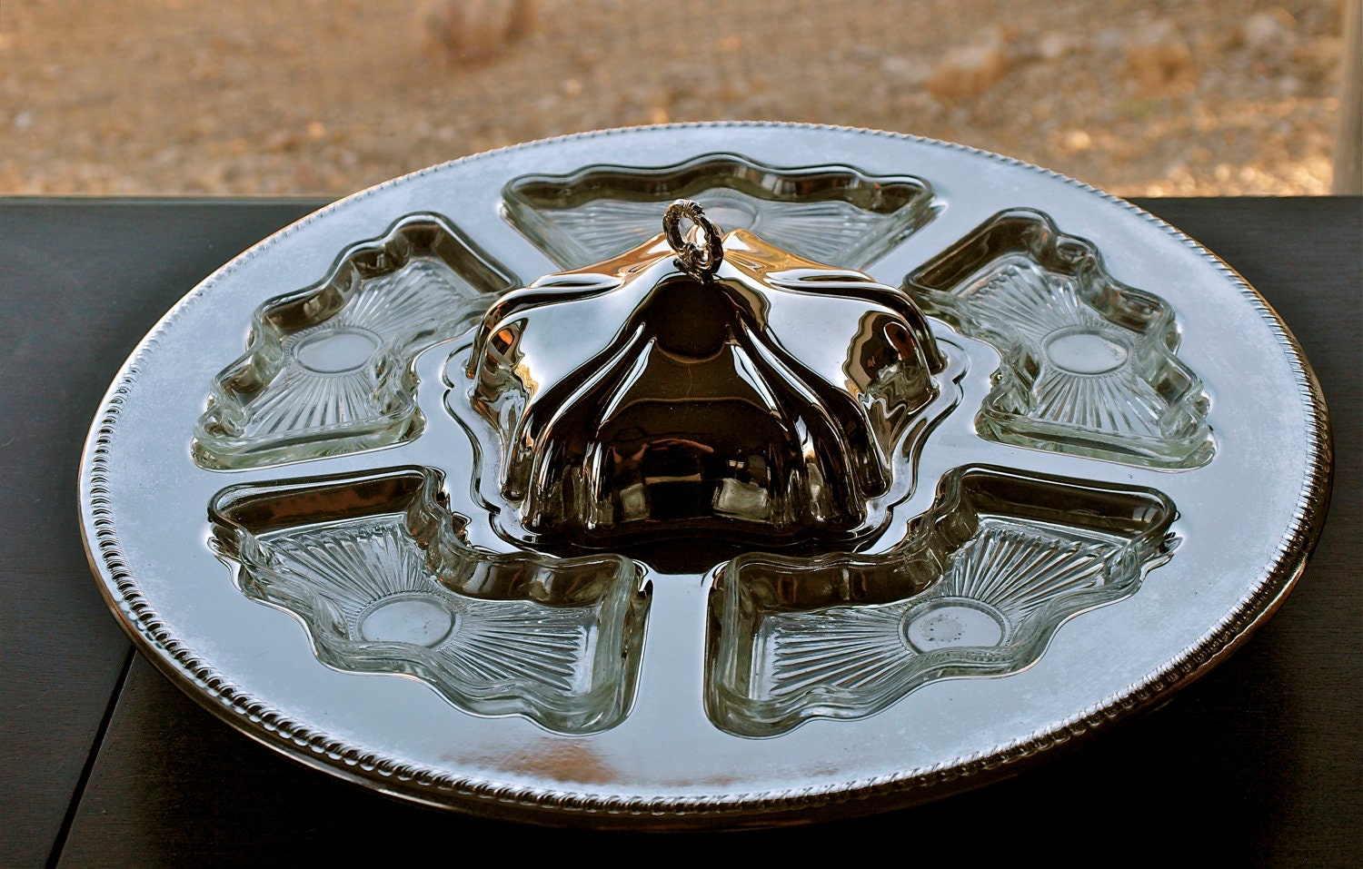 Vintage Silver Plated Lazy Susan Set by International Silver / Spinning Silver Plated Tray with Pressed Glass Inserts