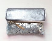 SALE. S I L V E R Sequin Clutch. SILVER Fold Over Clutch.