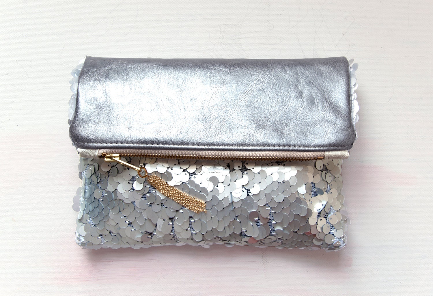 SALE. S I L V E R Sequin Clutch. SILVER Fold Over Clutch.