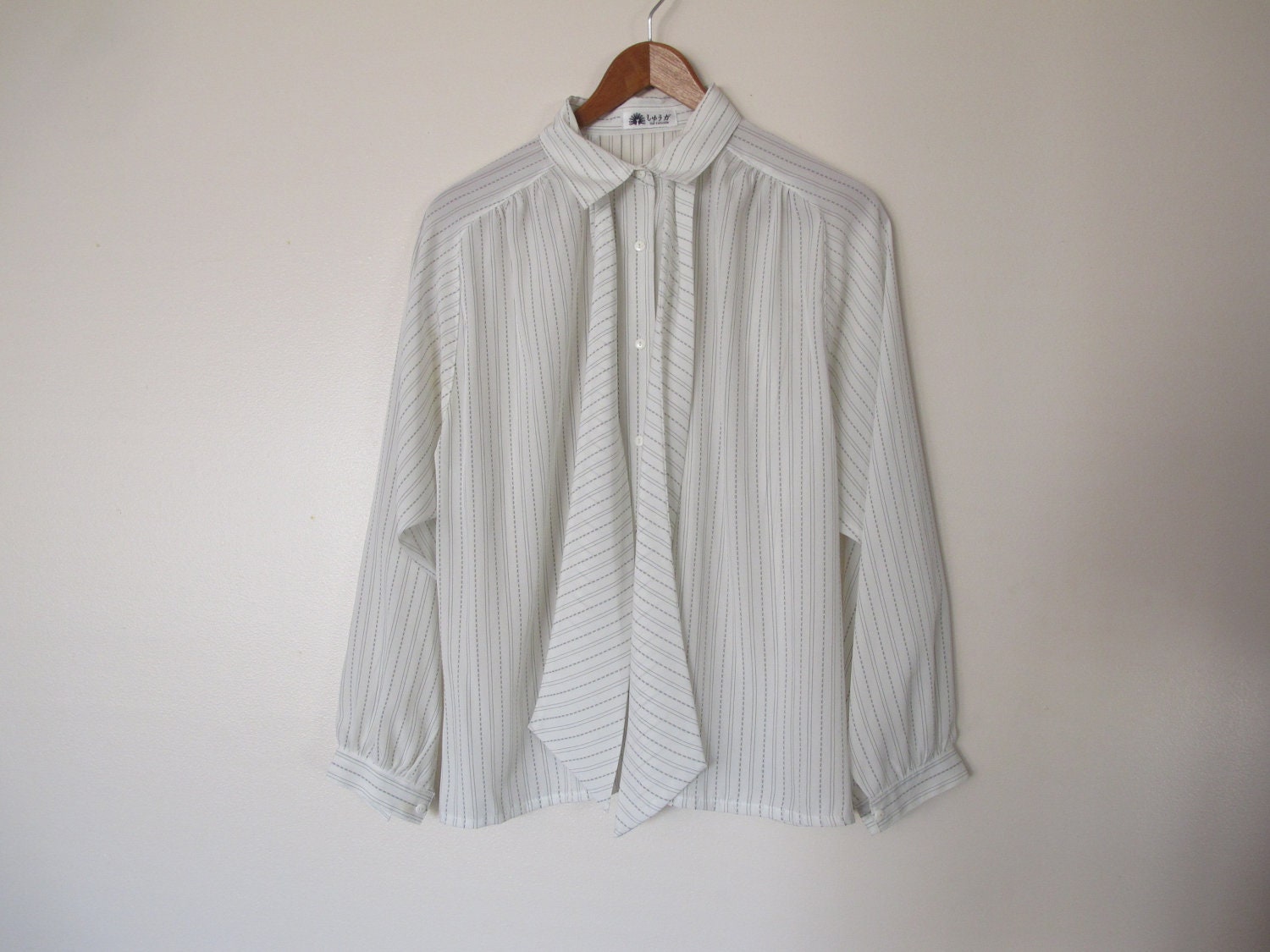 creme white long sleeve bow blouse ascot neck tie button up down shirt XS S M vertical thin stripes secretary