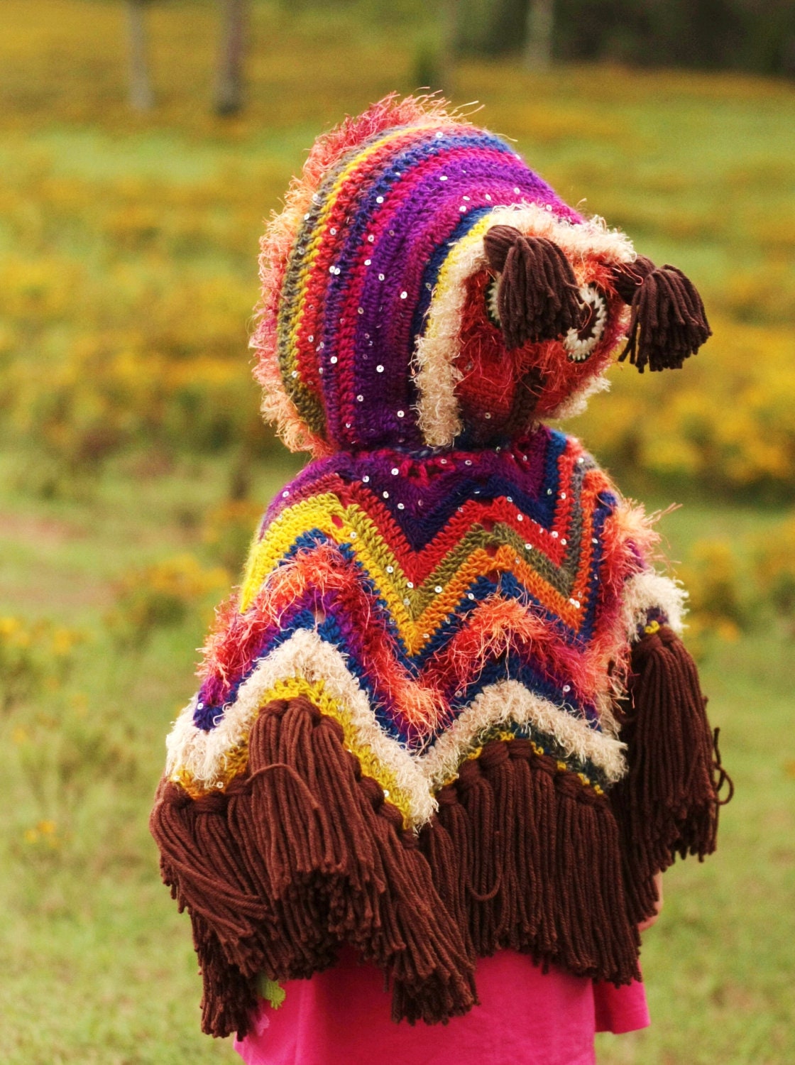 Hooded Owl Poncho - 4-6 year old size - Warm Fall Colors - Made to Order