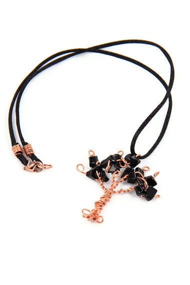 Onyx Tree Pendant with Copper Wire on Black Satin Cord