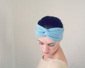 Cornflower blue headband, womens fashion accessory, stretch knit turban twist headband, ear warmers (H16)