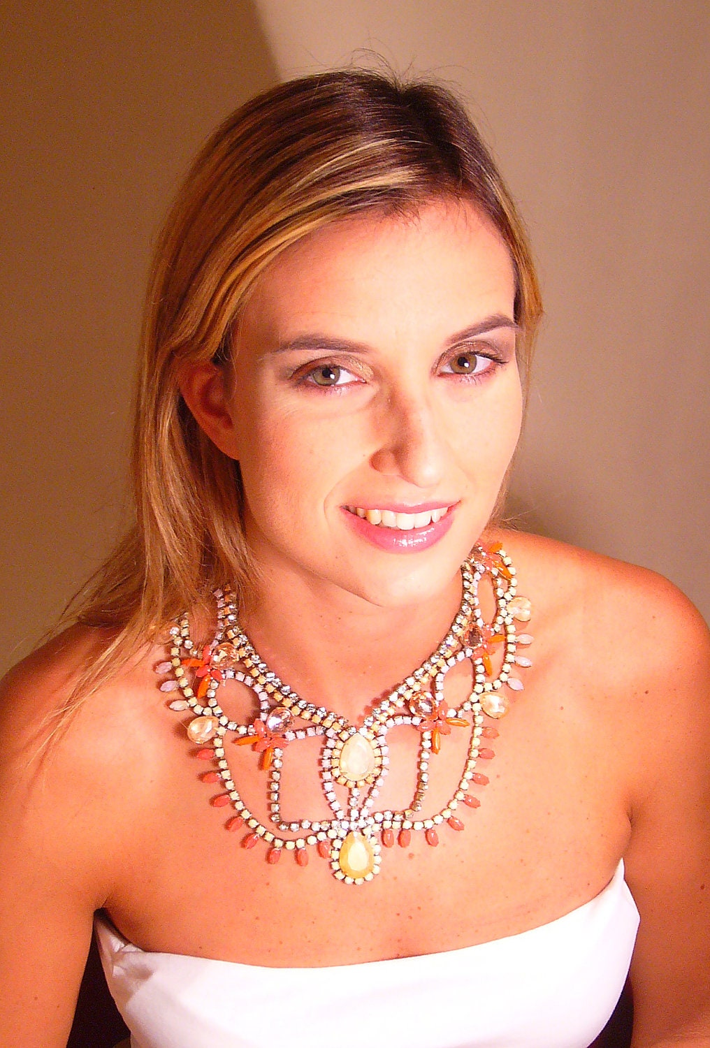 Statement One of a Kind Bridal (or not) Pastel/Nude Handpainted Vintage Rhinestone Necklace -  Tangerine Bliss (EXAMPLE)