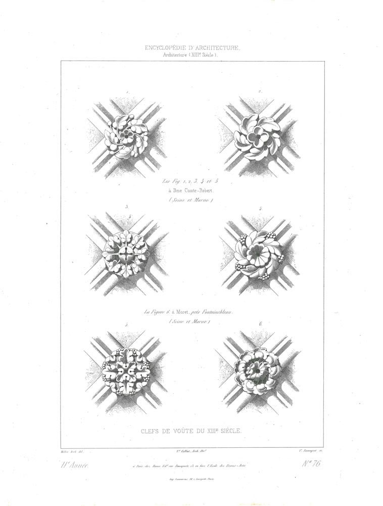 1861 Antique Architecture Engraving 13th Century Keystones Clefs de Voûte