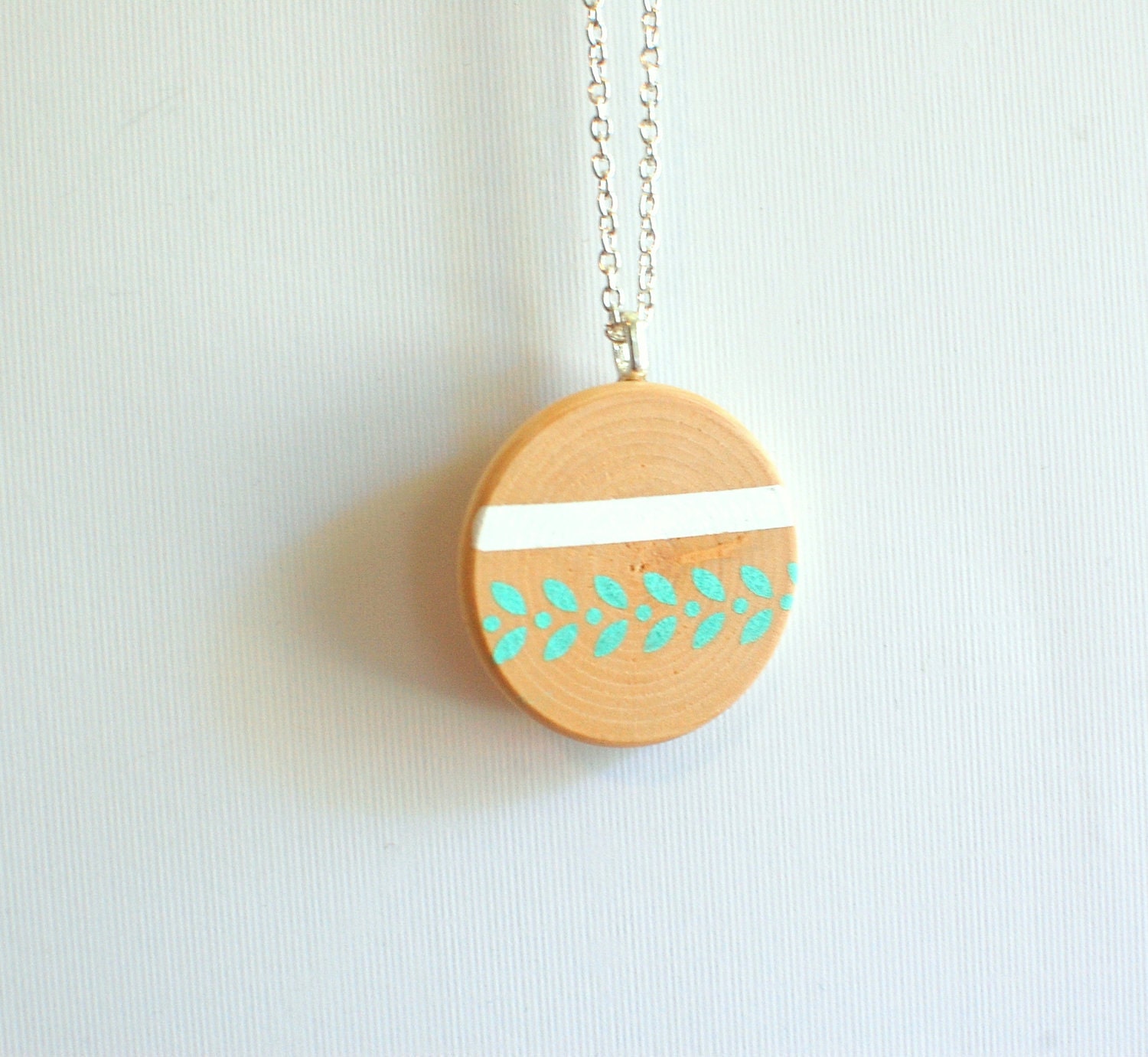 painted wood leaf pattern necklace -mint and white