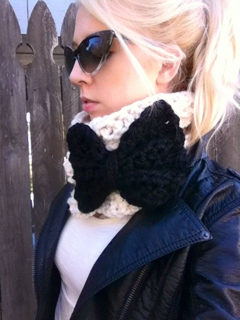 Cream Crochet Cowl with Black Bow- infinity scarf- crochet bow neck warmer